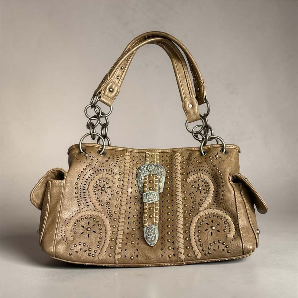 Montana West Western Handbag Purse Studded Tooled Leather Buckle Accent Gold